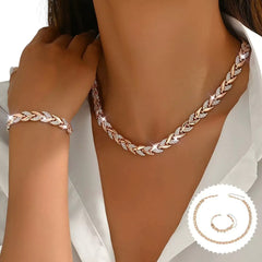 2PCS Glass Leaf Necklace Set Elegant Rhinestone Chain Necklace Bracelet For Women Fashion Luxury Jewelry Set